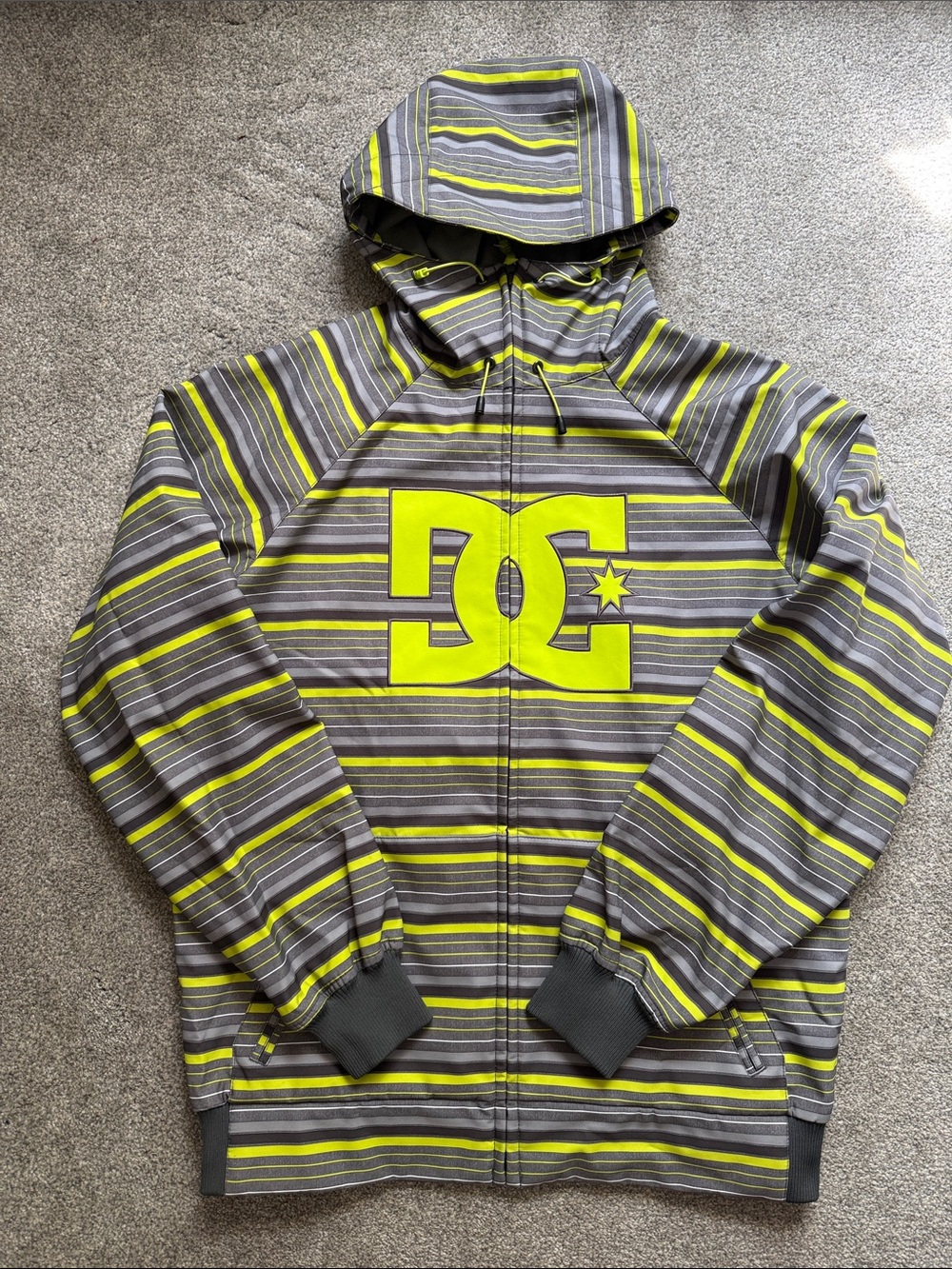 DC Mens Striped Hooded Zip-Up Spring Jacket in Gray & Neon Yellow